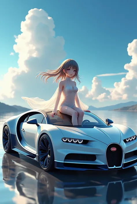 Make me a picture of a cute anime girl with transparent clothes sitting on a car a Bugatti 