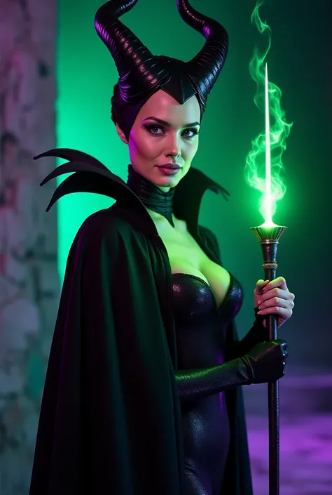 The amazing Angelina Jolie as Maleficent,  accent on her horns ,  very long horns ,  purple accents ,  purple reflected light ,  Nude , young and handsome,  hyperrealistic , real portrait, with backlight, Sophisticated features ,   Cleavage ,  sexy ,  beau...