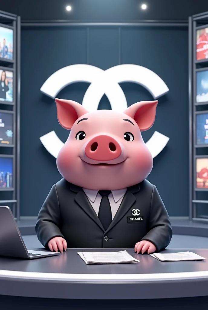 Create a image of
A  pig anime news anchor  
Sitting in front of news channels desk with a laptop and some news paper 
Wearing black suit and white shirt with the chanel name on it daily news
The background includes a large chanel logo on the back screen 
...