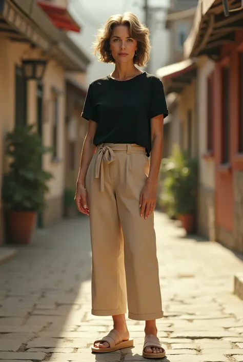  Woman with short brown hair with blonde lights  , from 40 years ago, 1 meter and 65 with 78 kg ,  wearing black shirt and short white beige sandal pants 