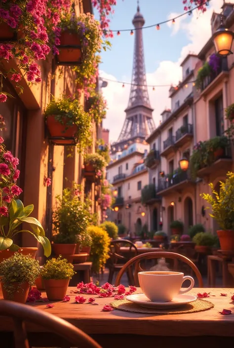 a cup of coffee sitting on top of a wooden table, beautiful terrace, terrace, balconies, paris background, balcony, sitting in french apartment, plants on balconies, pleasant cozy atmosphere, on a balcony, cozy cafe background, morning coffee, rooftop roma...