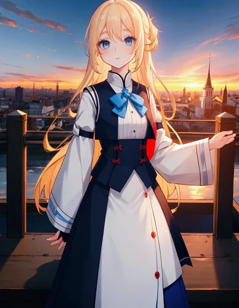 The background is a sunset sunset 、white saint 、白いchurchの服、 blue and white contrast on hand pockets、Night Sky、Sky City、church,Like a game cover、eclecia(Half Blonde、 blue eyes、blue eyeliner 、Droopy eyes、 red cheeks 、 has long eyelashes）、 ( high resolution C...