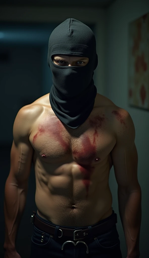 men with ski mask,1man,topless,detail eyes,killer,blood on body,holding knife,good lighting from the front,close-up,cool pose,cinematic shot