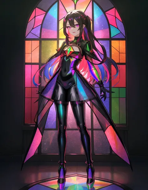 The background is a sunset sunset 、 Medieval Streetscape 、Inside the kaleidoscope、 stained glass background、Legendary Scenery 、 mythical scenery unfolds、The cathedral shines brightly、red and green contrast 、Path of Light、 Edelgard in black armor, wearing b...