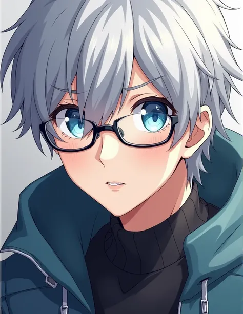  Close-up of a man wearing glasses wearing a jacket,  blue-eyed anime character ,  young anime character , He has dark gray hair  ,  Anime world of male anime character  ,  as an anime character , white hair, silver hair, Anime Handsome Man , white hair, 灰...