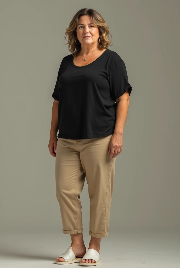  Woman with short brown hair with blonde lights  , from 40 years ago, 1 meter and 65 with 88 kg,  wearing black shirt and short white beige sandal pants 