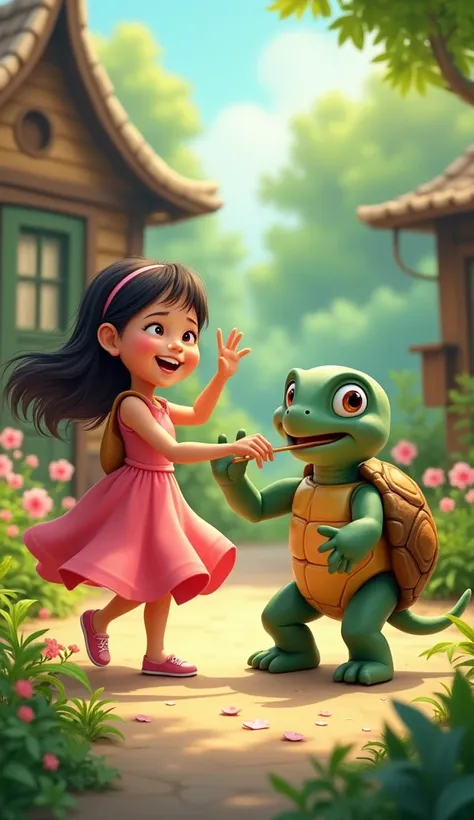 A cartoon girl( wearing pink dress ) is dancing and a middle aged cartoon turtle( big eyes, shinning shell, wearing specs)is playing flute and dancing too in a gardrn infront of wooden house