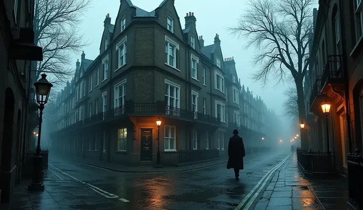 Baker Street, where Sherlock Holmes lives, is rainy and desolate.