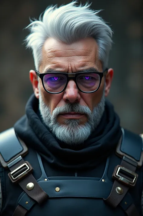 Male character with white hair with beard wearing glasses with black breastplate with purple eyes