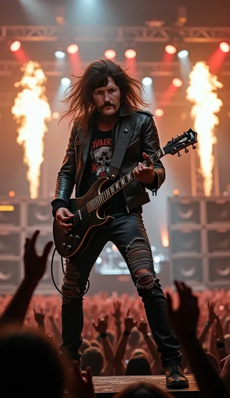 rocker character, metalhead with his guitar on a concert stage