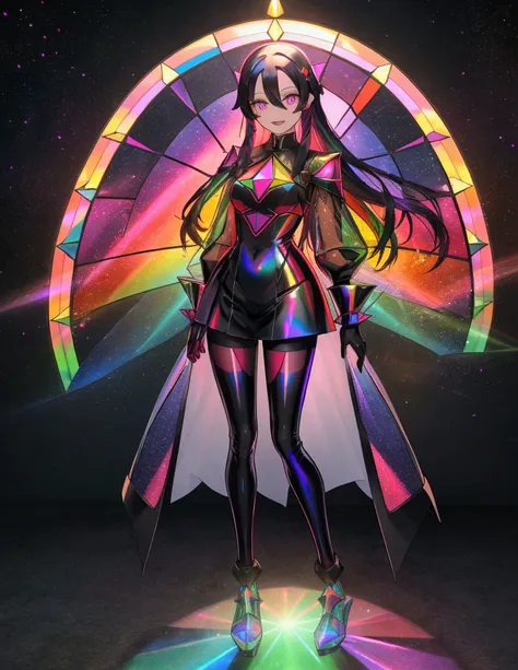 The background is a sunset sunset 、 Medieval Streetscape 、Inside the kaleidoscope、 stained glass background、Legendary Scenery 、 mythical scenery unfolds、The cathedral shines brightly、red and green contrast 、Path of Light、 Edelgard in black armor, wearing b...