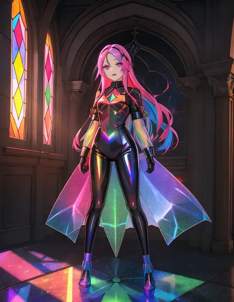 The background is a sunset sunset 、 Medieval Streetscape 、Inside the kaleidoscope、 stained glass background、Legendary Scenery 、 mythical scenery unfolds、The cathedral shines brightly、red and green contrast 、Path of Light、 Edelgard in black armor, wearing b...