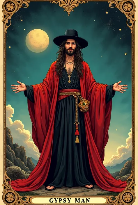 **Tarot cards are created. The background of a gypsy mans cards is a realistic space background. Delicate is painted, vibrant colors and similar art style. The illustration is delicate and detailed: a gypsy man dressed in medieval boho clothes and attire, ...