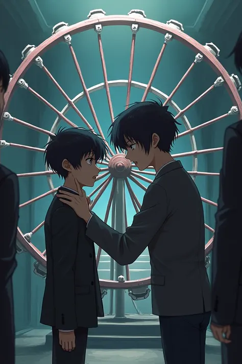 ren mocking a boy in the middle of a wheel because he has a speech problem because the ren have dark hair