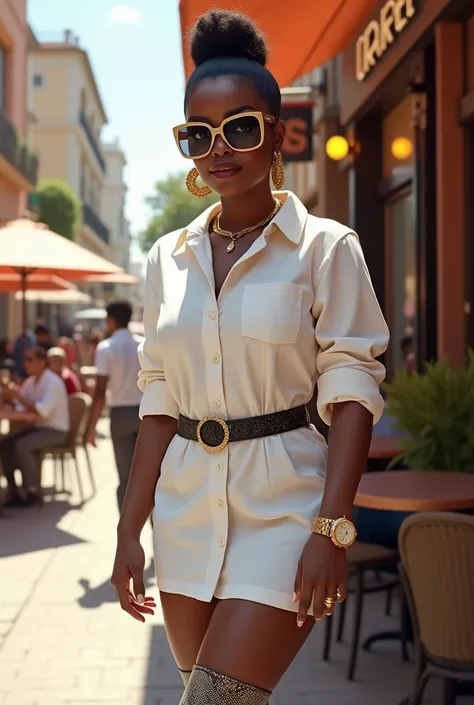 A curvaceous Black woman in a white cotton shirt dress, cinched at the waist with a chunky black leather belt, and styled with knee-high snakeskin boots. She accessorizes with oversized sunglasses and a gold watch. Her hair is styled in a sleek topknot. Th...