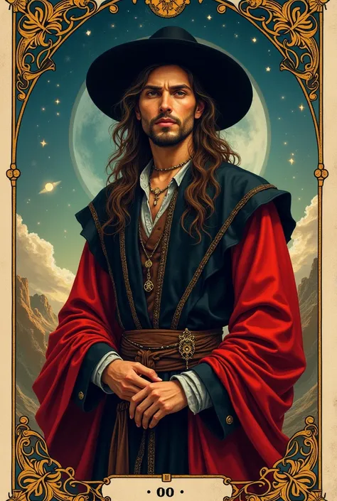 **Tarot cards are created. The background of a gypsy mans cards is a realistic space background. Delicate is painted, vibrant colors and similar art style. The illustration is delicate and detailed: a gypsy man dressed in medieval boho clothes and attire, ...