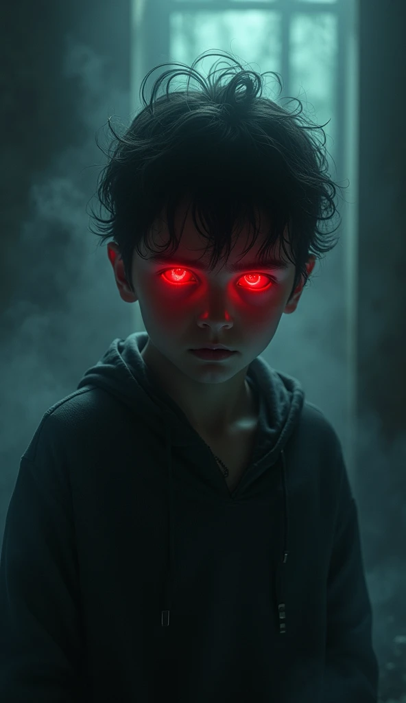 There should be a boy who has been possessed by a ghost, his eyes should be red.