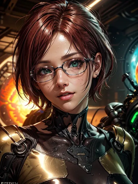  close-up ,  upper body. Short,  red hair ,  green eyes ,  metal-framed glasses , green spacesuit ,  smiling girl in the background of an alien planet. ( masterpiece fails,  top quality,  Best quality ,  official art ,  beautiful and aesthetic :1.2),  extr...