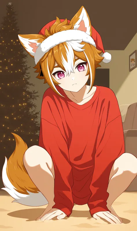 1boy,Pink Eyes, Fox Ears,orange hair,white ends of hair,muliticolored hair,looking at viewer,cute boy,red shirt,living room background,sand,Anime, Anime Style,13year old boy, full body,wolf tail,black tip on tail,sitting or crouching, santa hat, chrismas s...