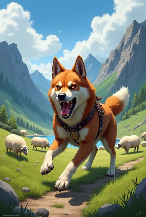 (( best quality )) (ART IN DRAWING) (seen from above) a shepherd dog , with an angry face ,  in an attack position , In the background a flock of sheep in a green valley with mountains, blue sky and clouds