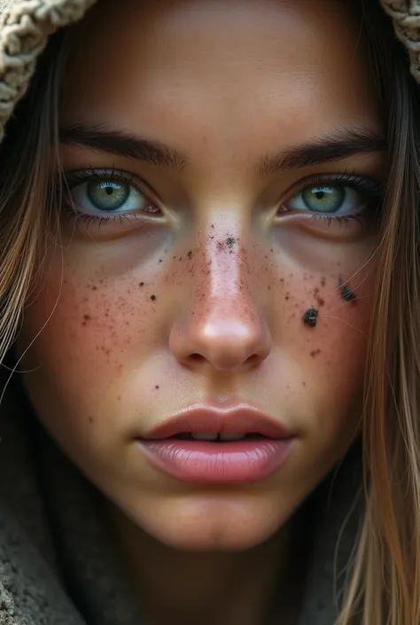  Create a womans face with pore details , freckles , and dirt  ,  light-eyed woman  