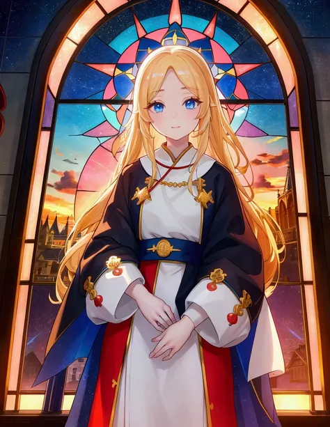 The background is a sunset sunset 、white saint 、白いchurchの服、Inside the kaleidoscope、 stained glass background、Legendary Scenery 、 mythical scenery unfolds、The cathedral shines brightly、 blue and white contrast on hand pockets、Night Sky、Sky City、church,Like ...