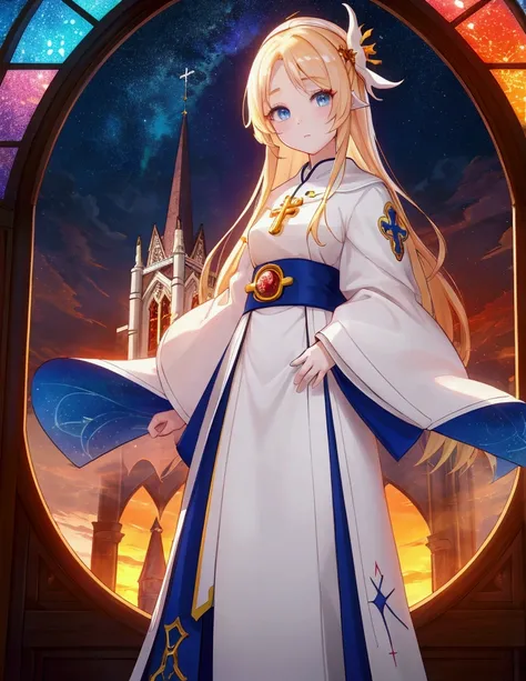 The background is a sunset sunset 、white saint 、白いchurchの服、Inside the kaleidoscope、 stained glass background、Legendary Scenery 、 mythical scenery unfolds、The cathedral shines brightly、 blue and white contrast on hand pockets、Night Sky、Sky City、church,Like ...