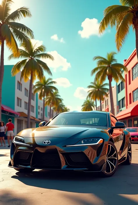 REALISTIC CAR ON THE SIDE OF THE AMERICAN TOYOTA BRAND IN THE STREETS OF MIAMI IN THE BACKGROUND