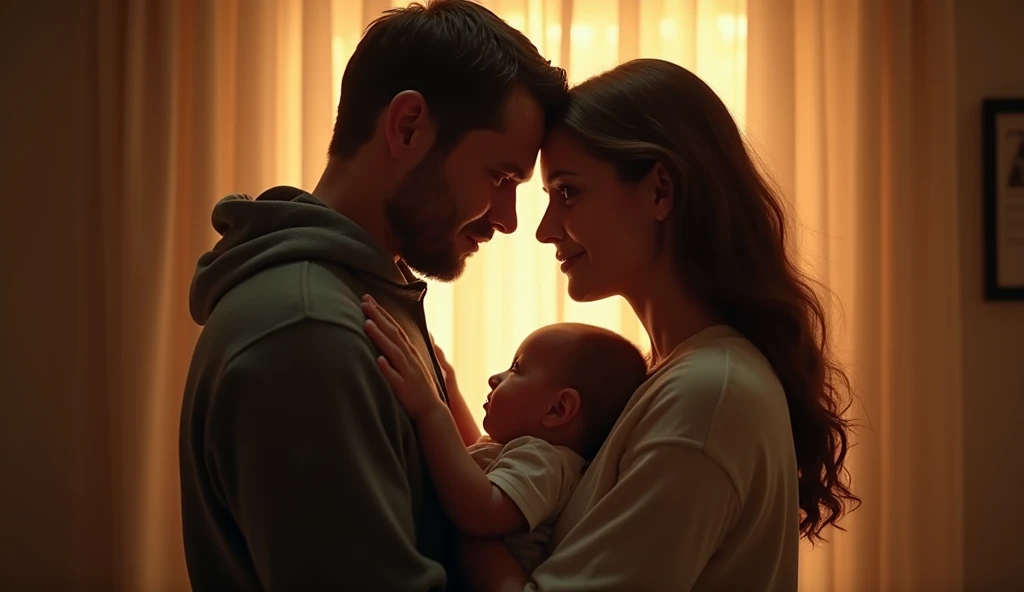 5.	Create an image of Emily and Jack looking at each other with love and emotion while holding Noah, in a moment of realization that he is their son, warm lighting, realistic details, 8K resolution, aspect ratio 16:9.