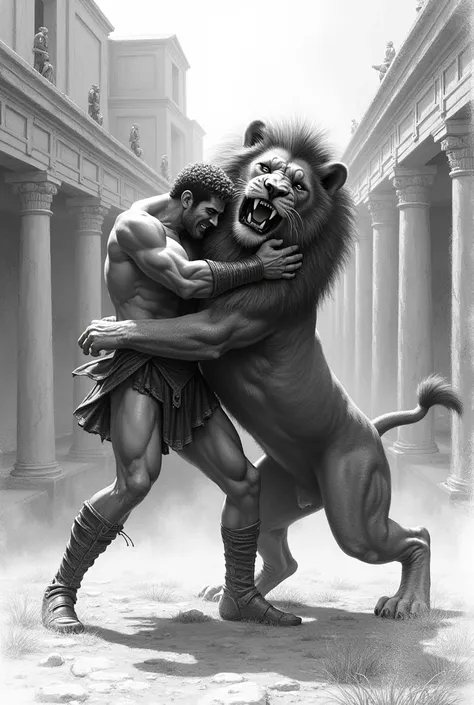 Roman Gladiator shaded pencil drawing 
Strangling a lion 