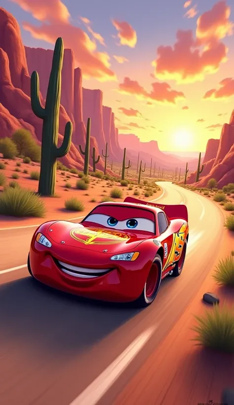 Illustrate Lightning McQueen speeding through Radiator Springs with a confident grin. The desert scenery includes colorful rock formations, cacti, and a glowing sunset in the background. Capture his shiny red paint reflecting the warm light, emphasizing hi...