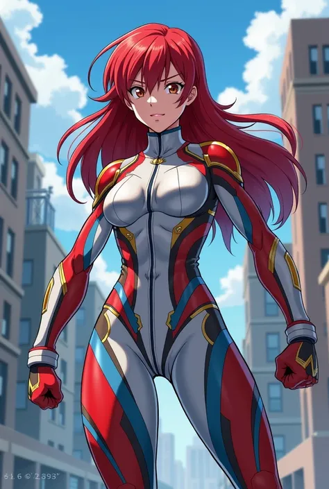 My Hero Academia Style , Anime girl, female, young female ,Full Body Shot,(fighting stance:1.3),Long hair, Red Hair,  Brown Eyes,Hero Suit, Full Body Suit, Silver suit with Red and Blue details,perfect anatomy,  Toughened Abs,super detailed,(Buildings:1.2）