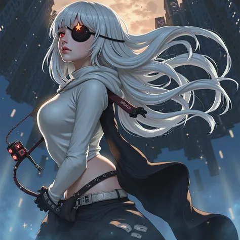  1 girl, (Alone), anime girl with long gray hair and red eyes , White Hair Girl, girl in white  turtleneck , (( eye patch)),  holding a star , (()),  smirking , Conceit,   closed mouse,  Cowboy Shots, Perfect white hair girl, White-haired goddess,   detail...