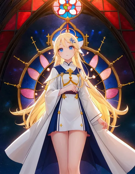 The background is a sunset sunset 、white saint 、白いchurchの服、Inside the kaleidoscope、 stained glass background、Legendary Scenery 、 mythical scenery unfolds、The cathedral shines brightly、 blue and white contrast on hand pockets、Night Sky、Sky City、church,Like ...