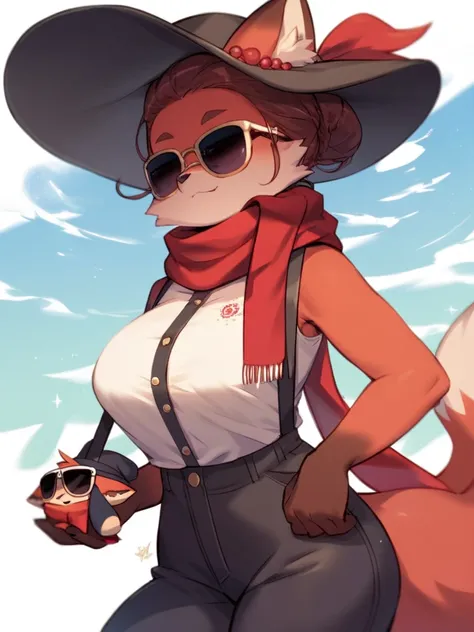 From the North Country , furry female red fox , A woolen hat, sunglasses, a disposable mask, a scarf, a perfect disguise 
, Mature , Euphoria , coquettish , (bold action) , fabulous , sensational , Feminine , cute face , looking away