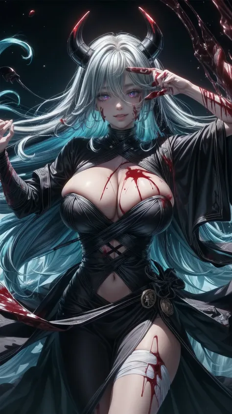 (Highest quality, masterpiece, 超High resolution), (8k wallpaper, High resolution, High resolution, born), (credibility: 1.4), (whole bodyショット), One girl, ((Anime Girls)),,(Blood Splash:1.6), ((Fantasy Witch Costume)),  ((Flowing white hair)),  ,(Blood Spla...