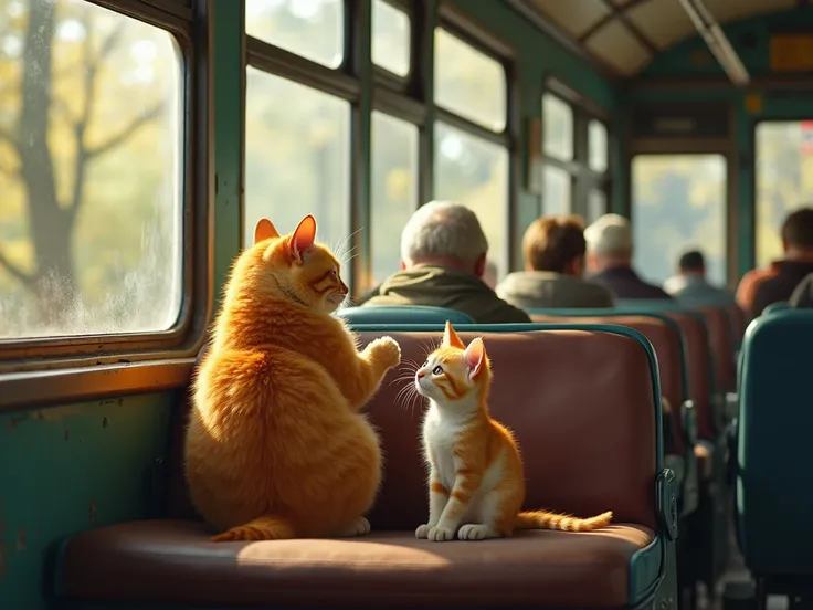 Inside an old, slightly worn bus with mismatched seats. The chubby orange cat and its kitten are sitting together on a seat. The kitten is looking out of the window at the passing trees, while the cat is holding a little snack for the kitten. The bus inter...