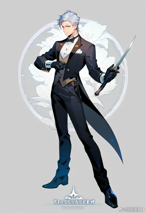 Male butler　assassin　 is holding a weapon　One knotted silver-haired 　 full body view