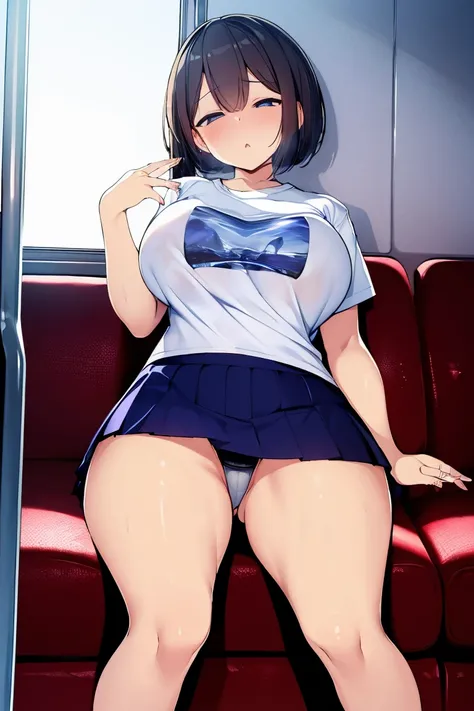 (8k、 top quality、masterpiece:1.2)、（Sitting on a train seat with legs open）、（T-Shirts、 miniskirt、 I can see white underwear）、（curvy:0.8）、vapor、Estrus、（from below：1.2）、 seen from the front 