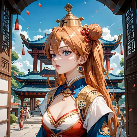 (( top quality)), ((masterpiece)), ( Details), （ perfect face）、The woman is Soryu Asuka Langley, who became Consort Yang Gui in ancient China, wears the costume of Princess Yang Gui in ancient China and is in an ancient Chinese palace