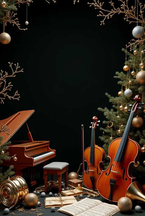 create a black backcground with christmas thme,with some music instrument, christmas carol, gold elements