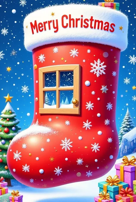 A gigantic red Christmas stocking with "Merry Christmas" written on it, featuring a large window in the center with snowflakes adding to the festive atmosphere. To the left, a tiny, snow-covered evergreen Christmas tree, to the right, a pile of colorful gi...