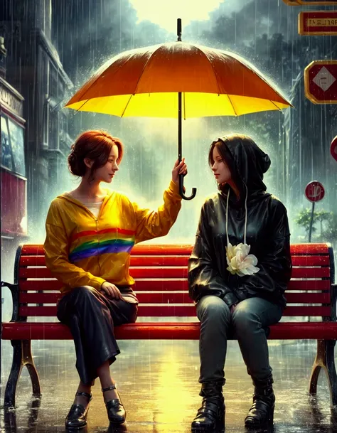 there is a painting of two woman sitting on a bench in the rain, lgbt art, under rain, lesbian art, by Cyril Rolando, after rain and no girls, cyril rolando and goro fujita, charlie bowater and tom bagshaw, undertale, dramatic artwork, while its raining, r...