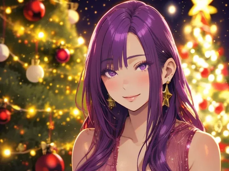 A dominant older girl!, Seira Sodeshiro!, natural-tan, christmas-tree-paradise-themed with long violet hair, decent makeup!, realistic and elaborate, best quality, oil color fidelity!, realistically dim-rendered photoimage!, sit next to the christmas tree,...