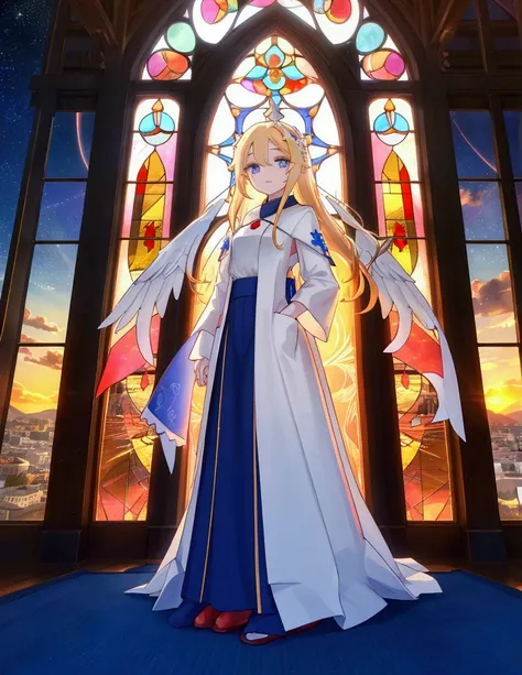 The background is a sunset sunset 、white saint 、白いchurchの服、Inside the kaleidoscope、 stained glass background、Legendary Scenery 、 mythical scenery unfolds、The cathedral shines brightly、 blue and white contrast on hand pockets、Night Sky、Sky City、church,Like ...