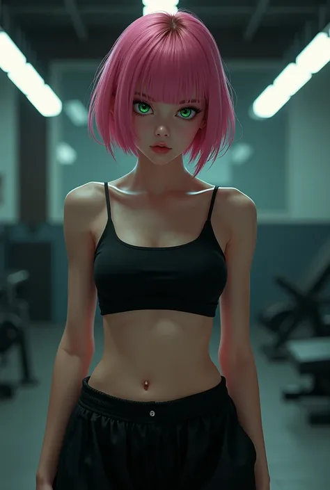 (Art board), Best quality, Good anatomy ,  one girl, ( Spread Your Legs),  green eyes ,   realistic face  ,  short haircut ,  gloomy face , pink hair, navel ,Bare shoulders,  tight black top, black trousers, Gym , Reflectors , 8K Art board,  super details ...