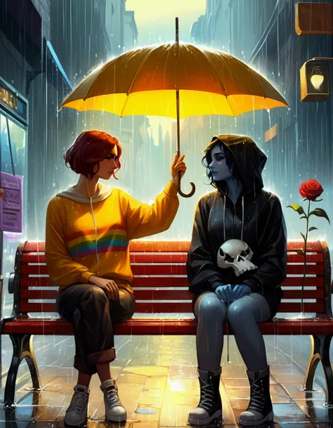 there is a painting of two woman sitting on a bench in the rain, lgbt art, under rain, lesbian art, by Cyril Rolando, after rain and no girls, cyril rolando and goro fujita, charlie bowater and tom bagshaw, undertale, dramatic artwork, while its raining, r...