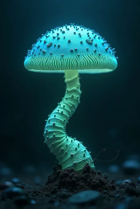 A captivating 3D render of an Amanita jacksonii mushroom, illuminated by a mysterious, otherworldly glow. The vibrant blue-green cap is
a striking contrast to the dark background, while the intricate, patterned stem twists and coils like a celestial entity...