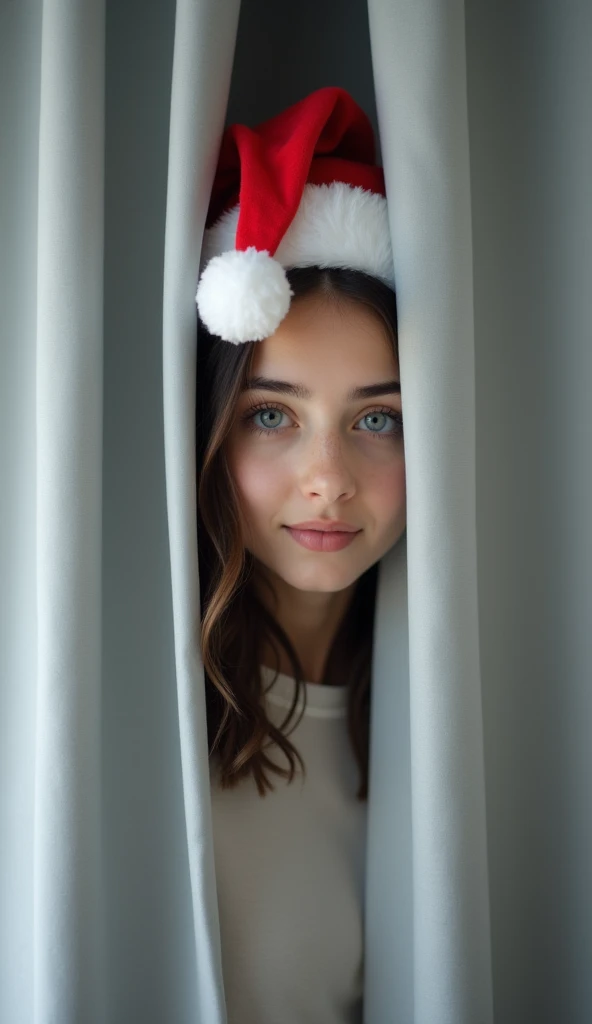 Brunette girl looks from behind a gray curtain with a Santa Claus hat, миримализм и рождественское настроение  High-resolution ,  High-resolution , Accuracy, HD model,  simple background, 