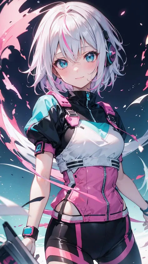 gradient hair, pink hair, hair over one eye, hair behind ear, short hair, mouth mask, headphones, aqua eyes, blush, light smile, silver hair, grey hair, anime